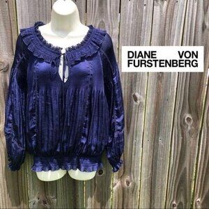 Diane Von Furstenberg Cobalt Blue Blouse 10 Georgette Lafayette Long Sleeve